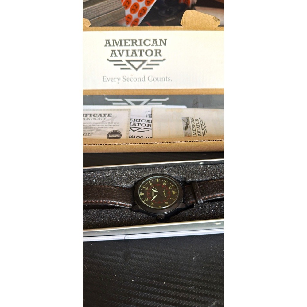 American Aviator Pilot Quartz 44mm Black Dial Brown Leather 3ATM Box/Papers